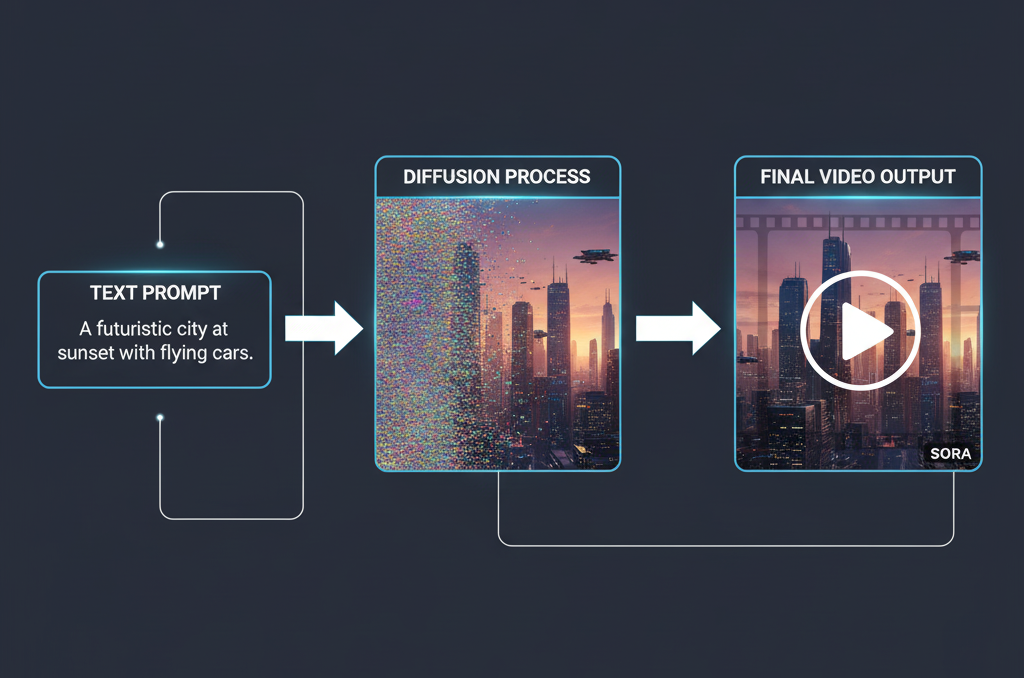 A high-level diagram illustrating how the Sora AI model works from text input to video output.