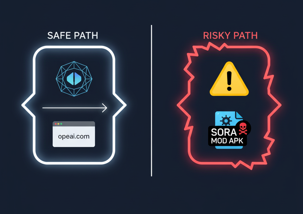  Infographic comparing the safe, official path to access Sora versus the risky path of downloading fake mod APK files.