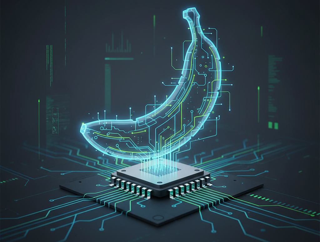 A conceptual diagram illustrating the Nano Banana AI model running on a tiny microcontroller chip