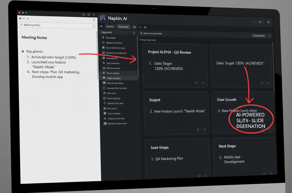 Example showing text notes transformed into a presentation deck by Napkin AI's AI.