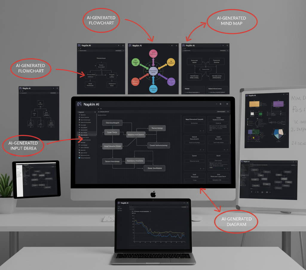 Various types of diagrams and flowcharts created using the Napkin AI tool.
