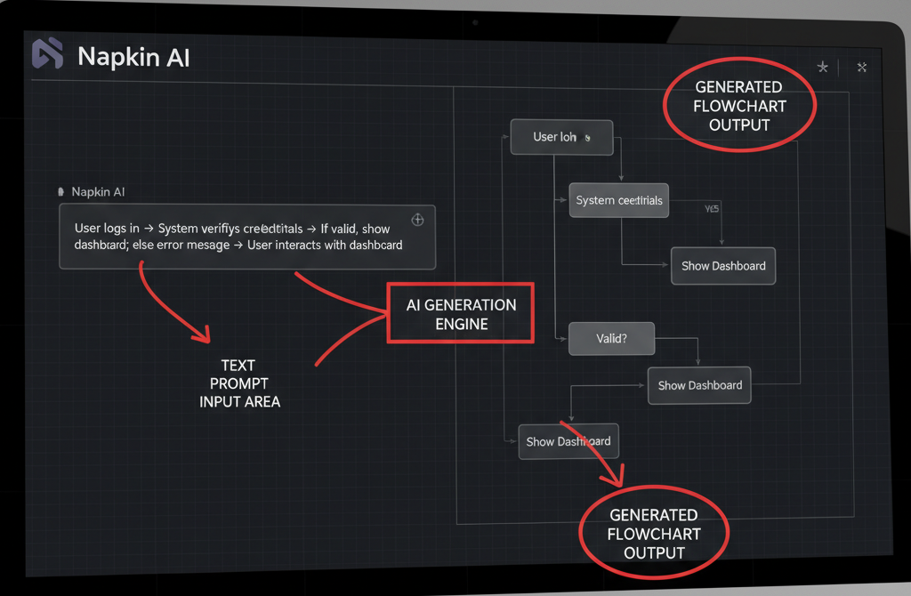Napkin AI interface demonstrating how a text prompt generates a detailed flowchart.