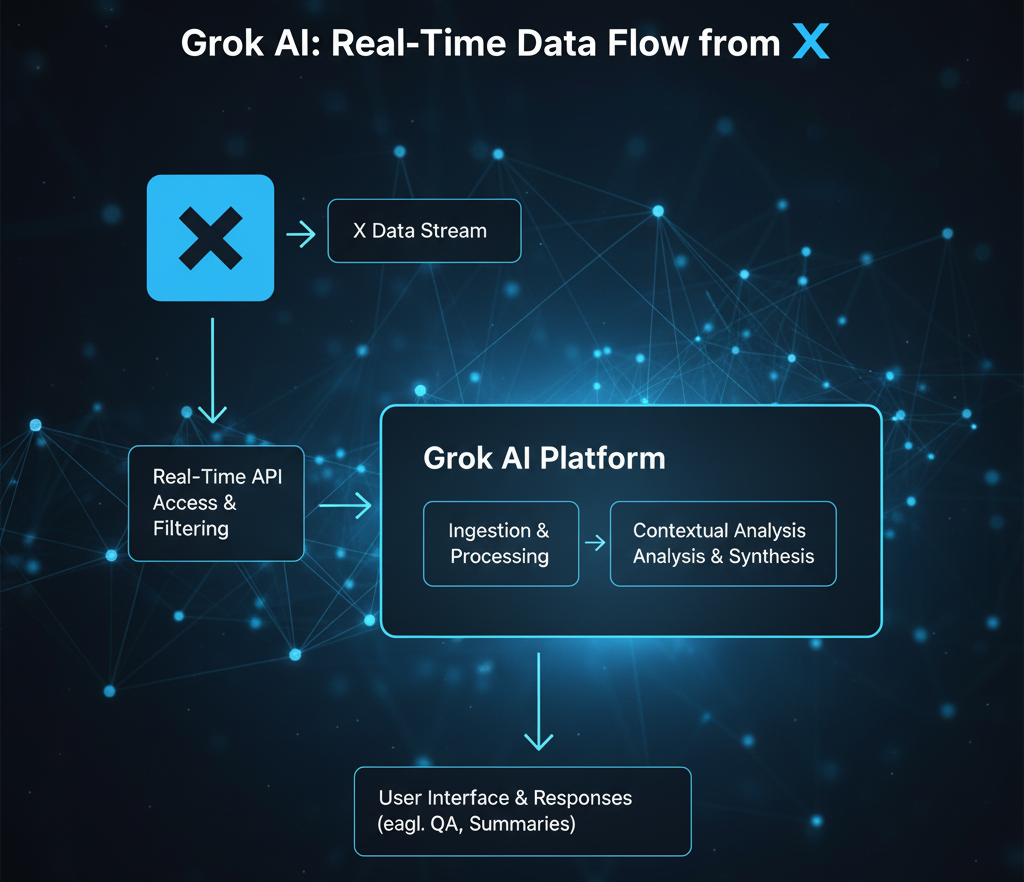 A diagram showing how Grok AI's real-time data access from the X platform works.