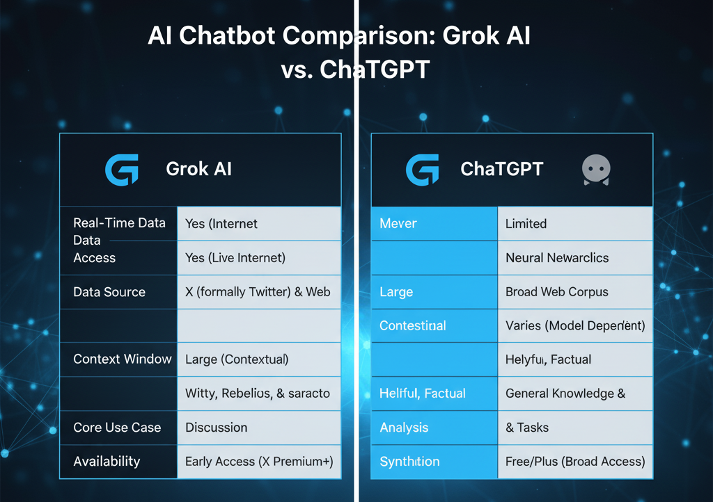 A feature comparison table highlighting the differences between Grok AI and ChatGPT.