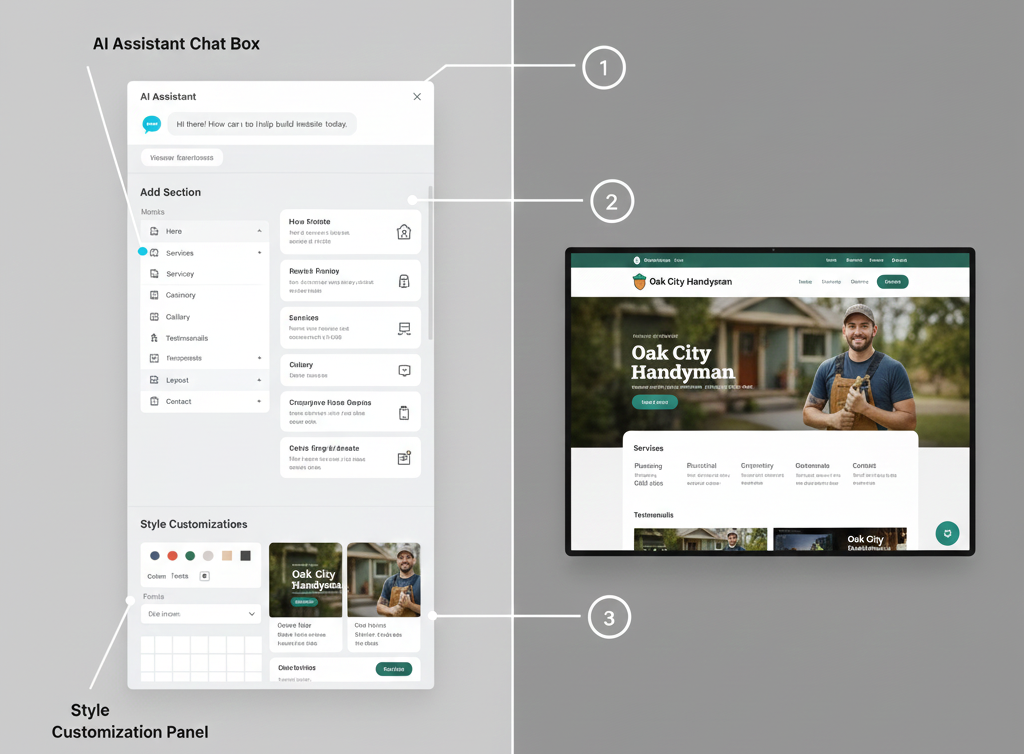 Annotated screenshot of the Durable AI website editor interface, showing the AI assistant and customization tools.