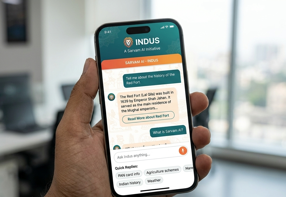 Screenshot of the Sarvam AI Indus app chat interface showing a voice input option and a response in Hindi.