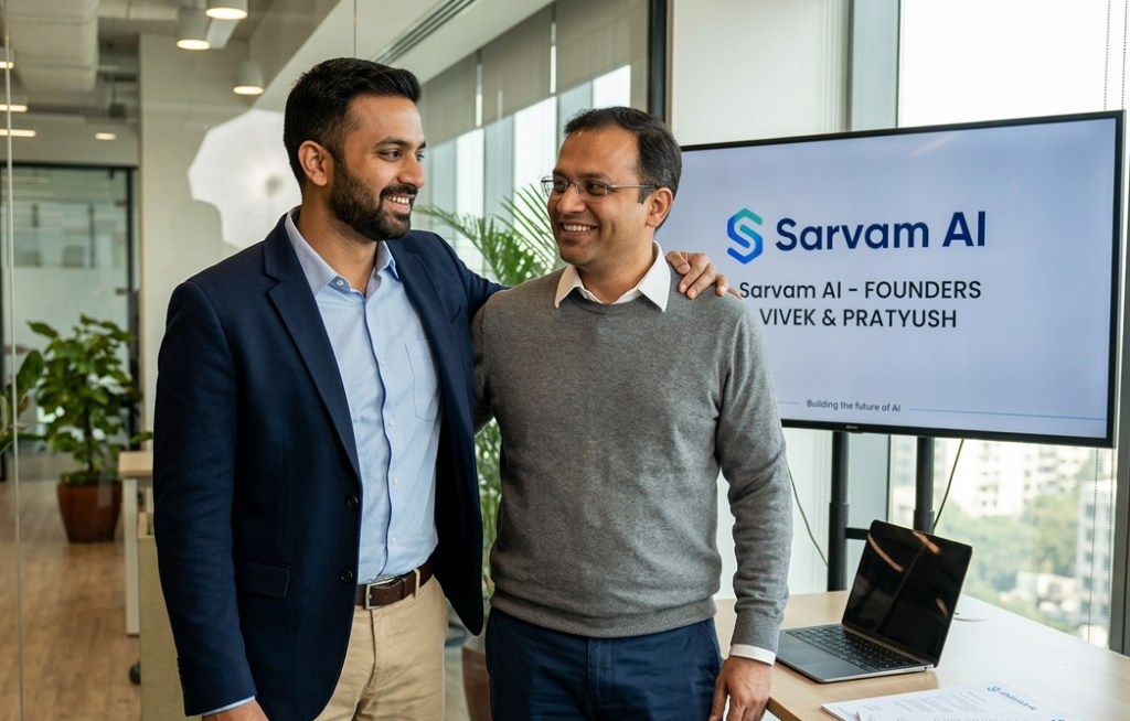 Sarvam AI founders Vivek Raghavan and Pratyush Kumar at a tech summit in India.