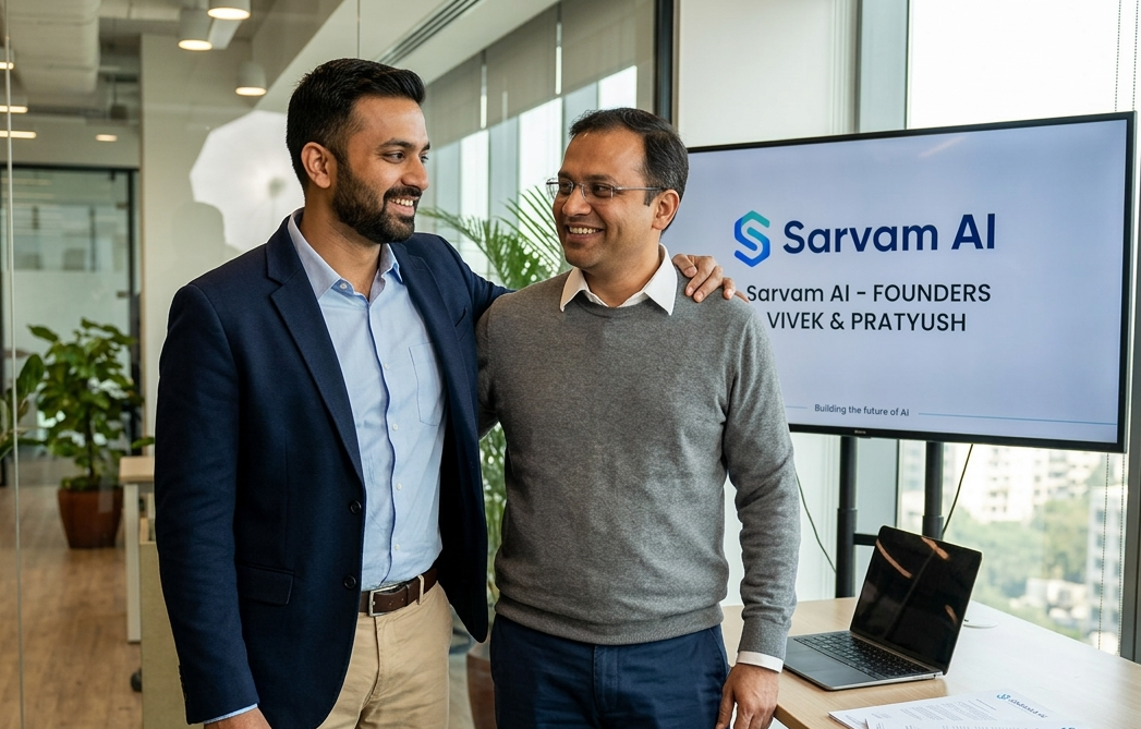 Sarvam AI founders Vivek Raghavan and Pratyush Kumar at a tech summit in India.