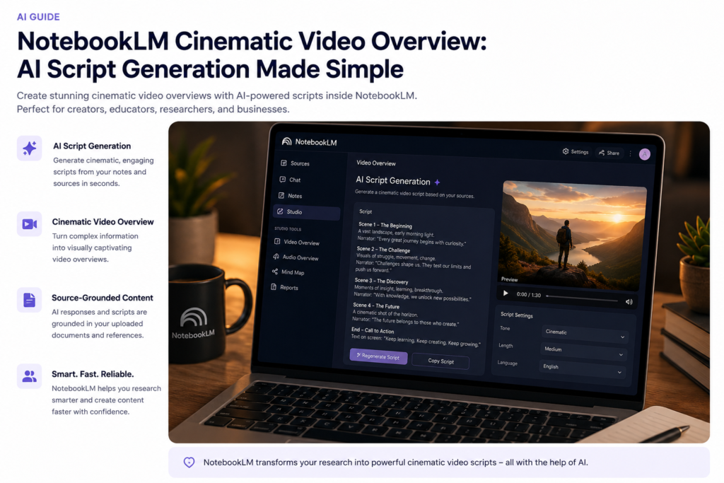 NotebookLM cinematic video overview showing AI script generation on a laptop screen.