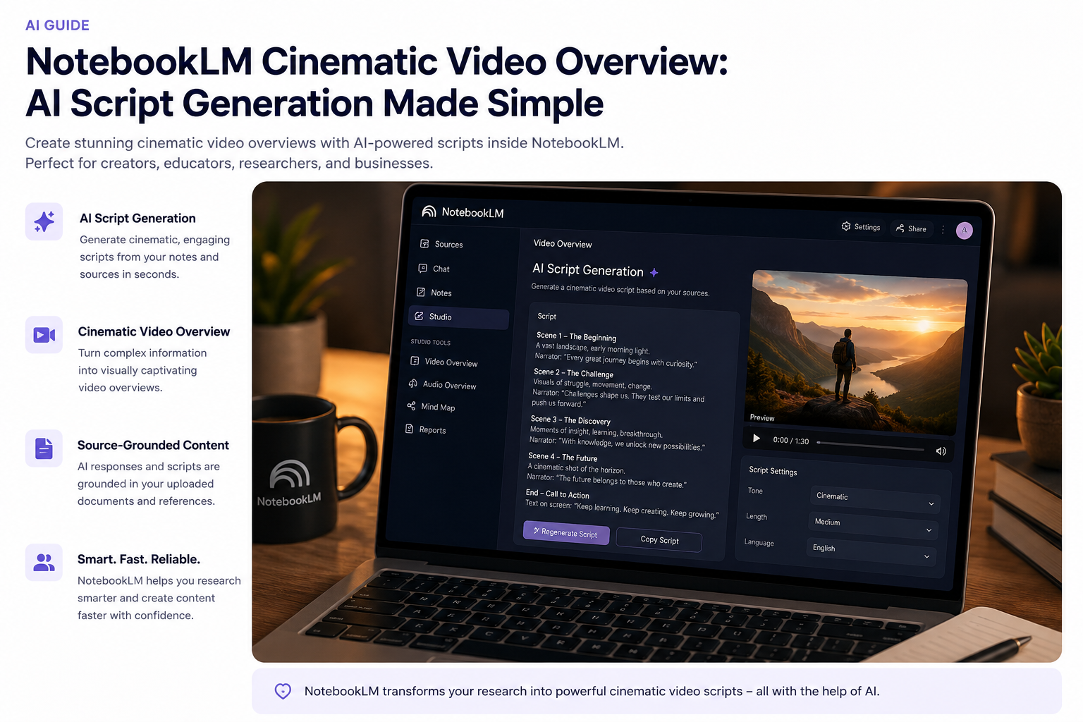 NotebookLM cinematic video overview showing AI script generation on a laptop screen.