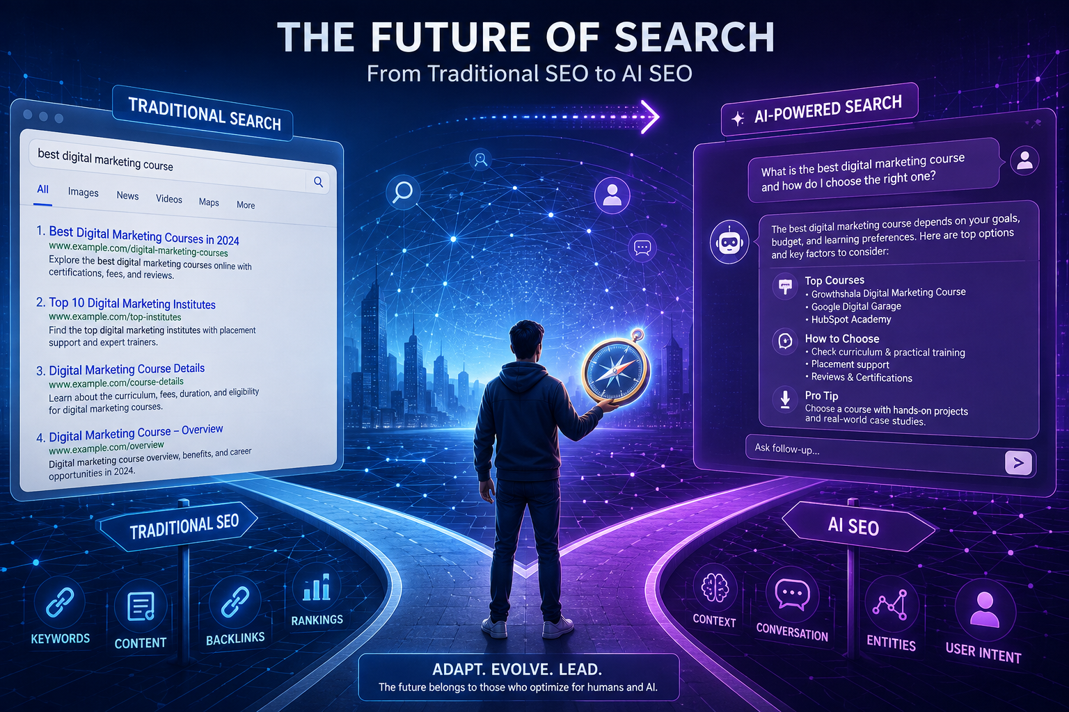 Step-by-step AI SEO workflow infographic showing six phases: Audit, Topic Research, Content Creation, Technical SEO, Monitoring, and Refreshing